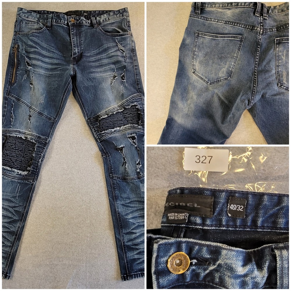 Decibel Mens 40x32 Moto Distressed Blue Jeans Ribbed Biker Slim Fit Streetwear